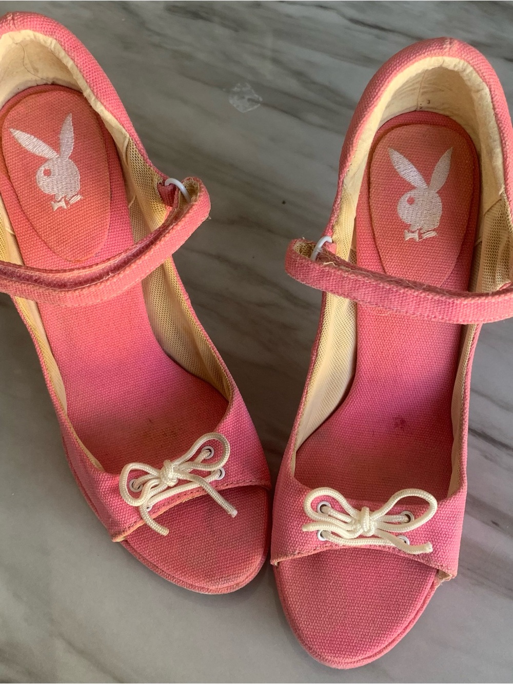 PLAYBOY vintage y2k Pink Canvas Mary Jane Wedge Sandals with White Bow